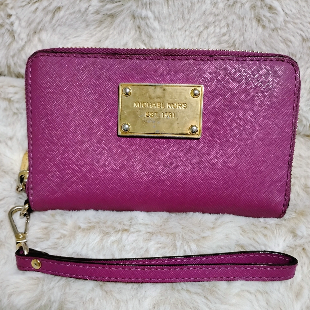 Michael Kors Plum Wristlet Wallet, Gold Accents, 3 Compartments, 4 Slots